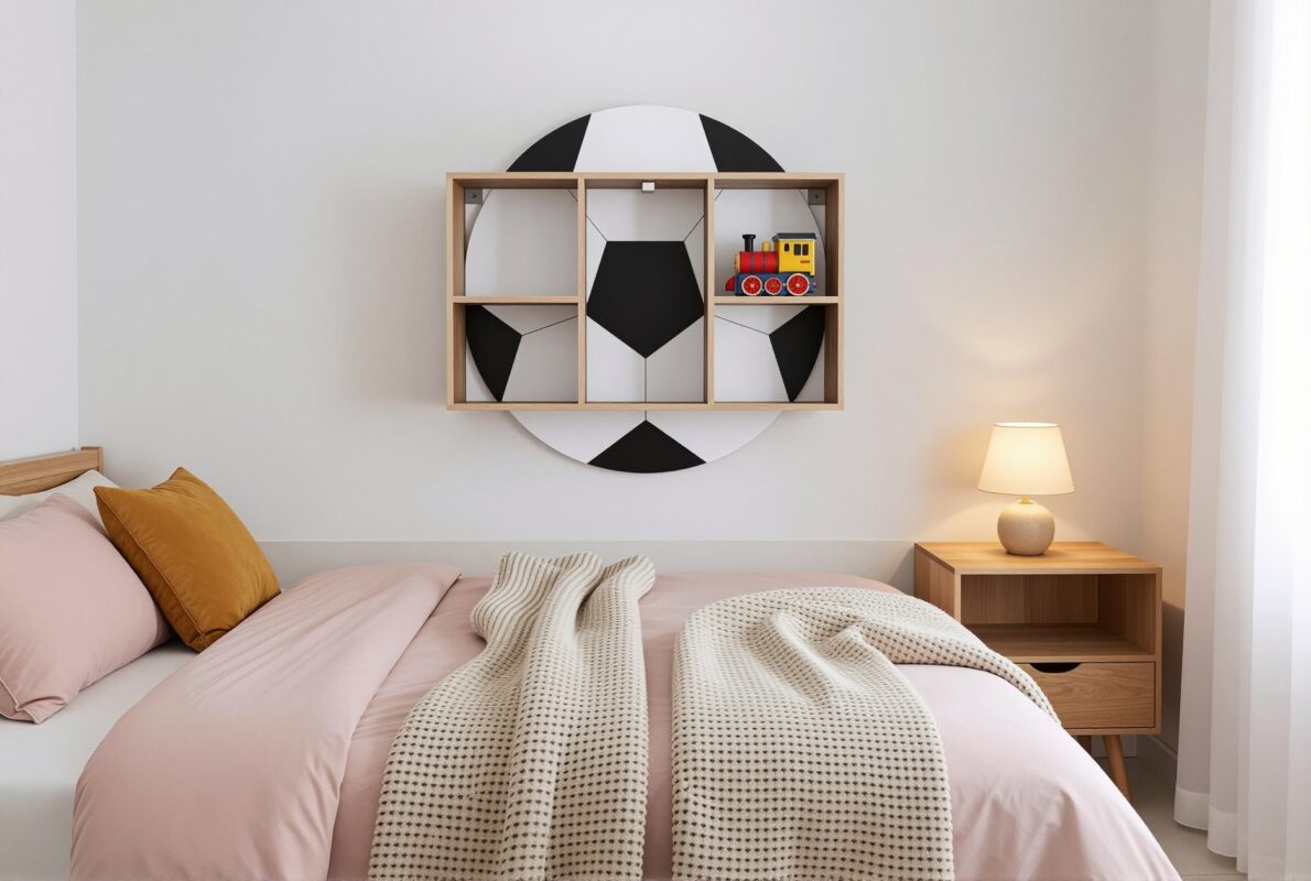 regał piłkarski nad łóżkiem w pokoju chłopca Paco Design