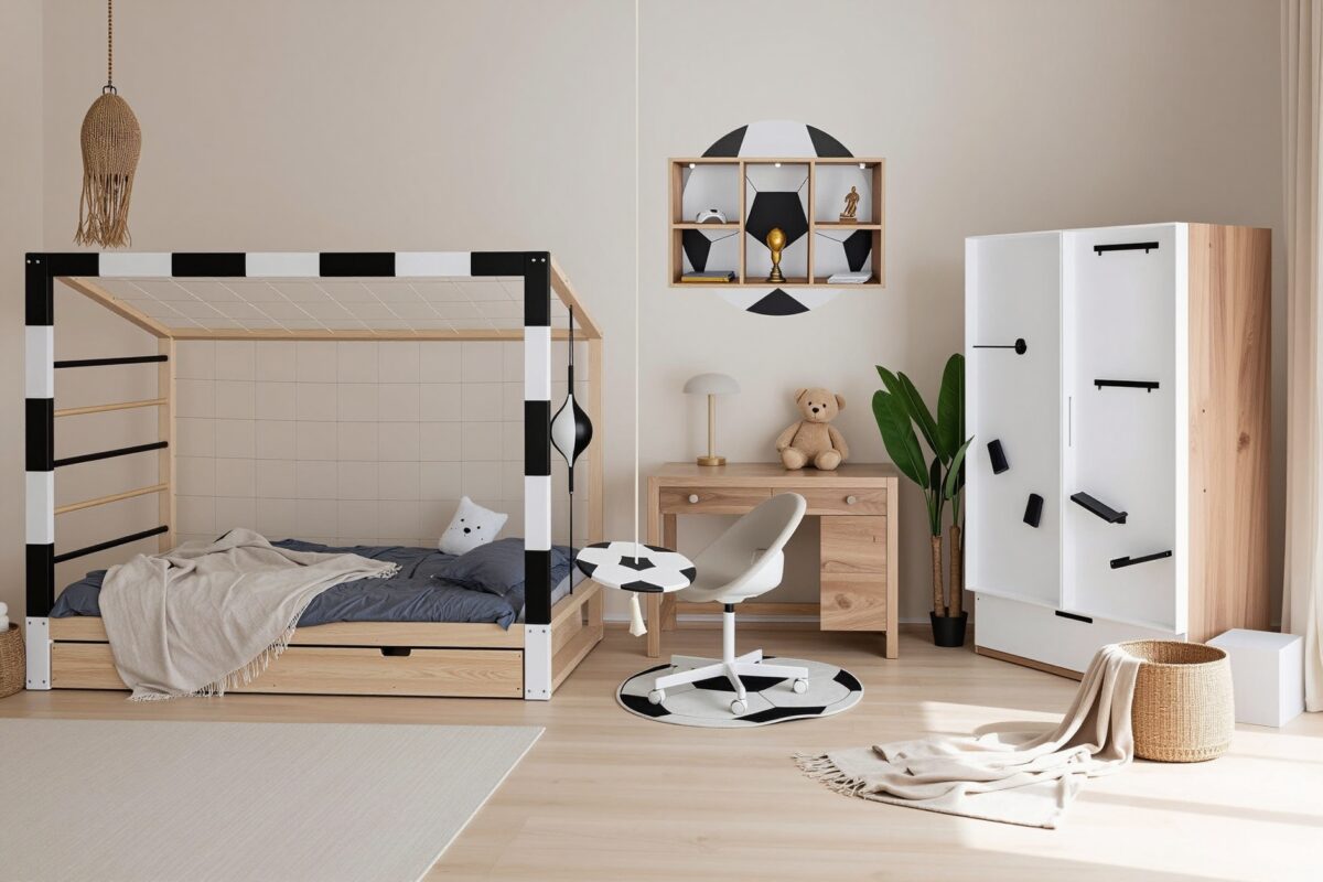 pokój dla chłopca z łóżkiem bramką i meblami piłkarskimi Paco Design